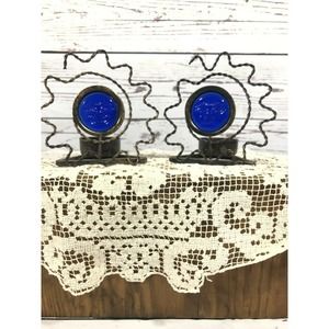 Cobalt Blue Glass & Metal Sun Face Candle Holder